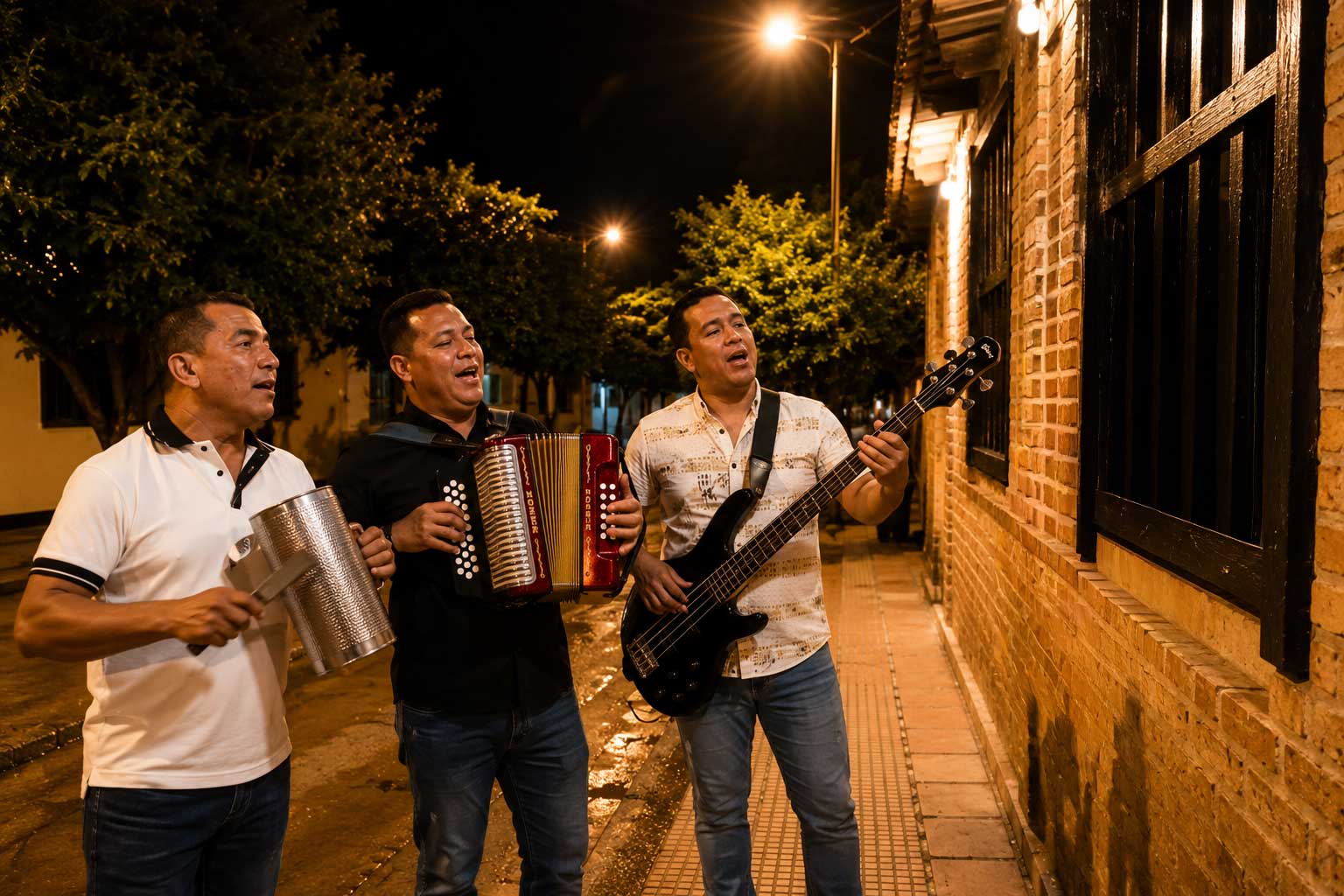 serenata vallenata grupo de musica tocando frenta a una calle vallenatour
